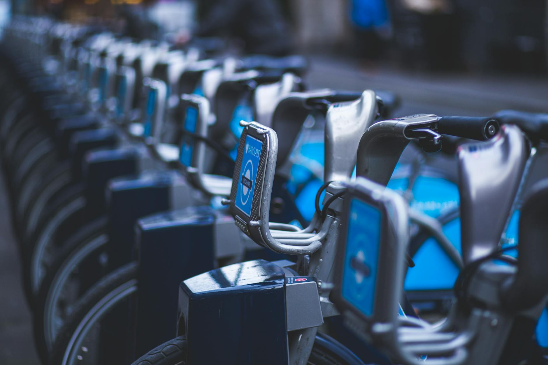 City bike share station with rental bikes