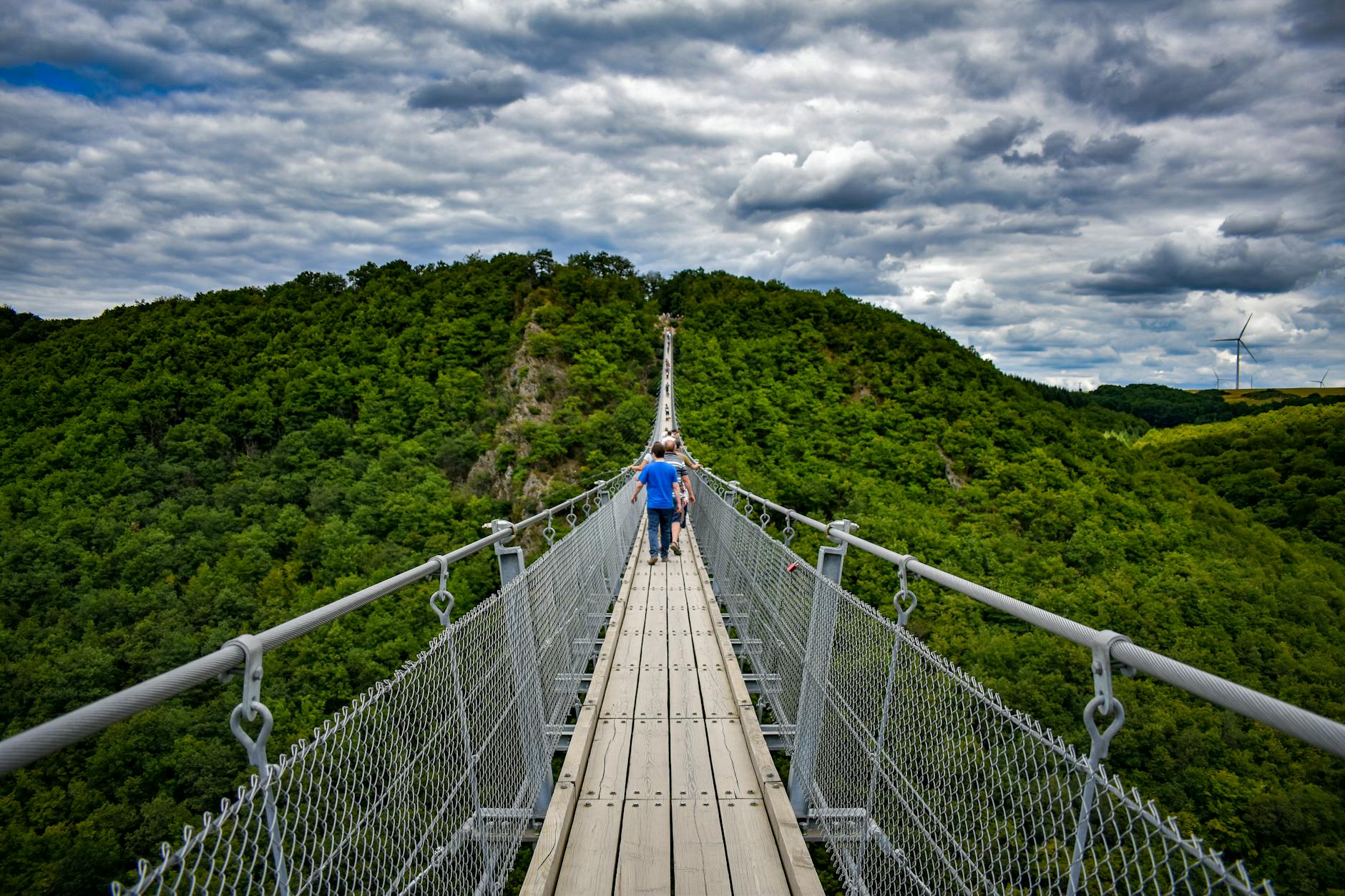 Tourists crossing a forest suspension bridge