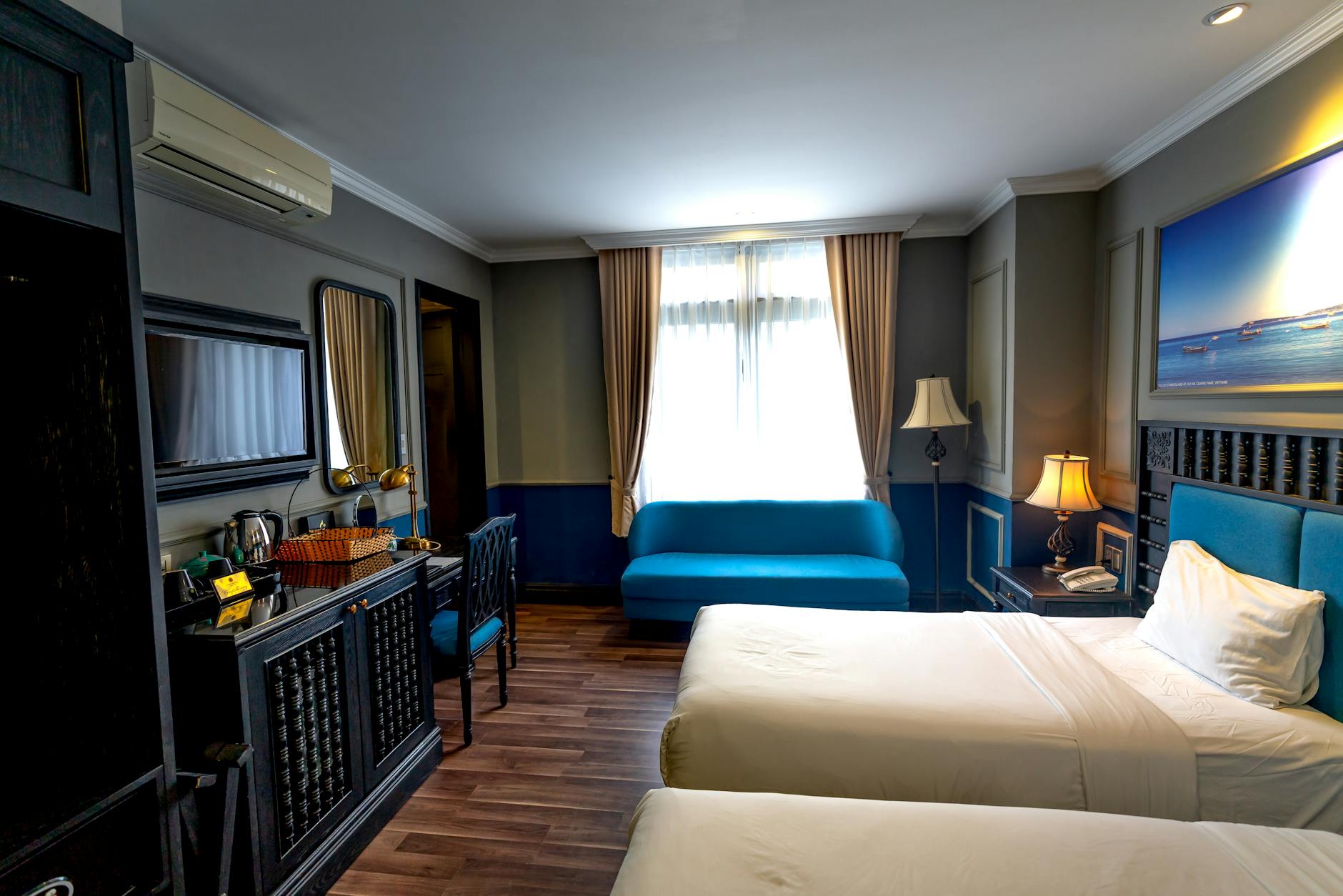Family hotel suite with multiple beds