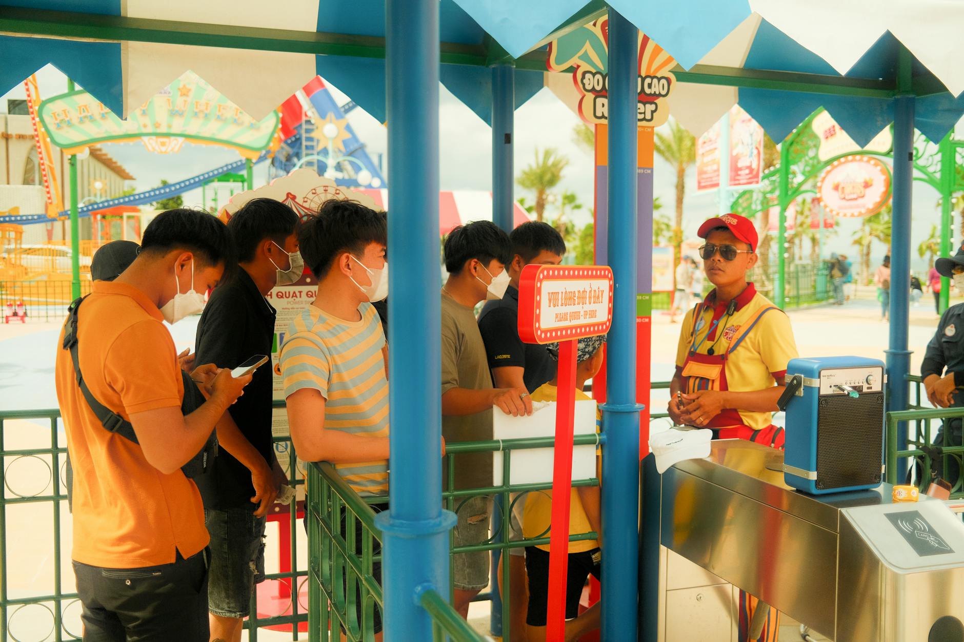 Tourist holding event tickets at a venue