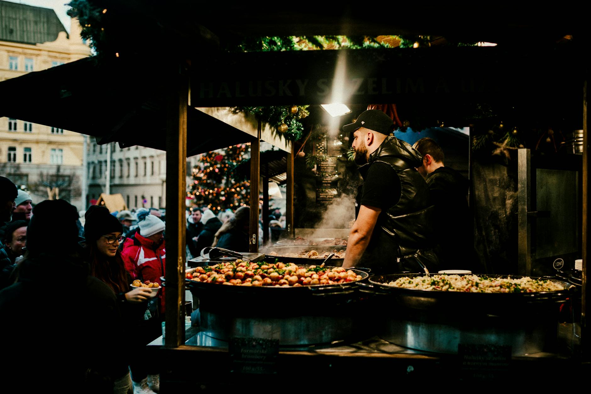 Food festival market stalls with visitors