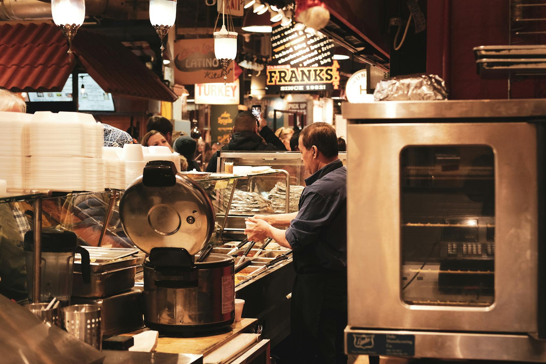 Food hall vendors with diverse cuisine options