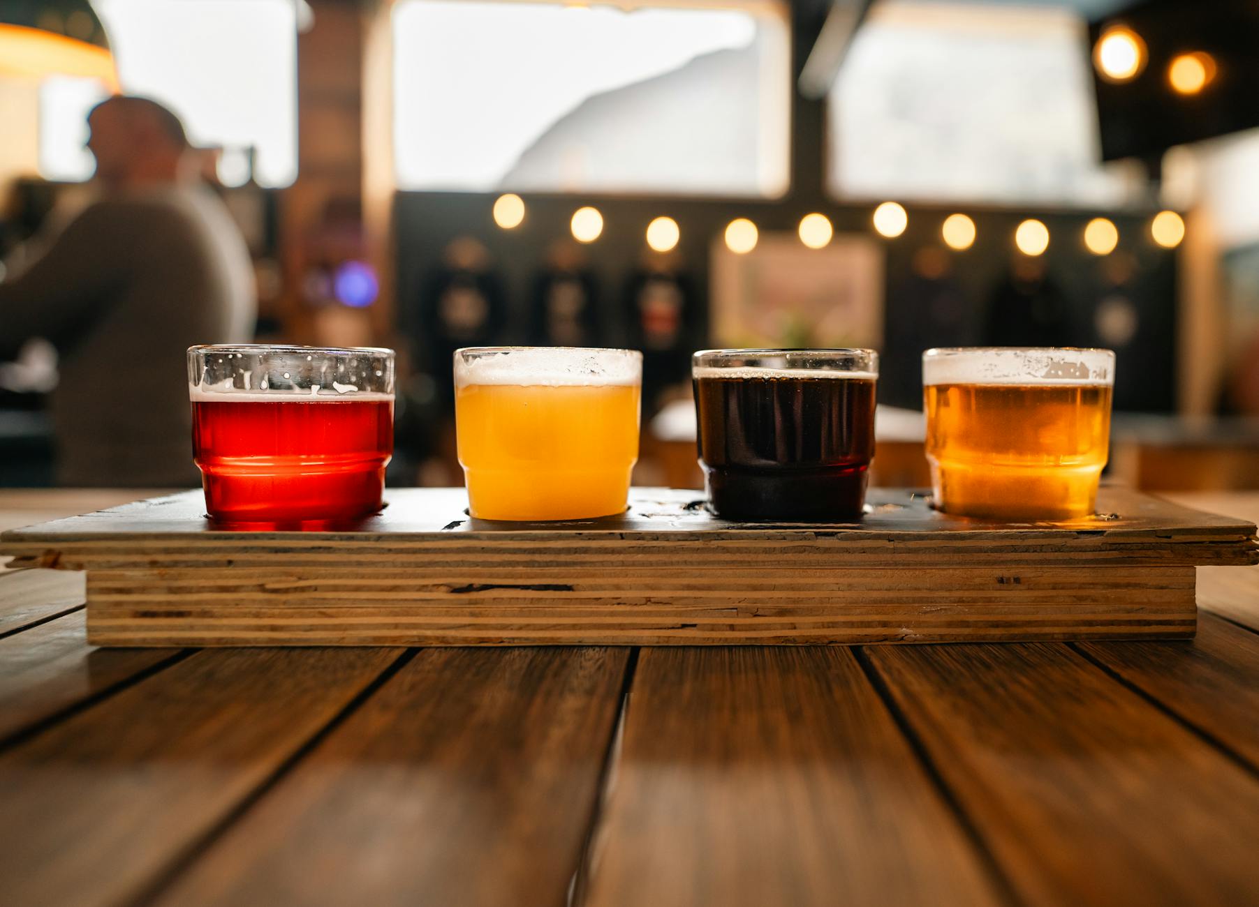 Craft beer flight on a brewery taproom counter