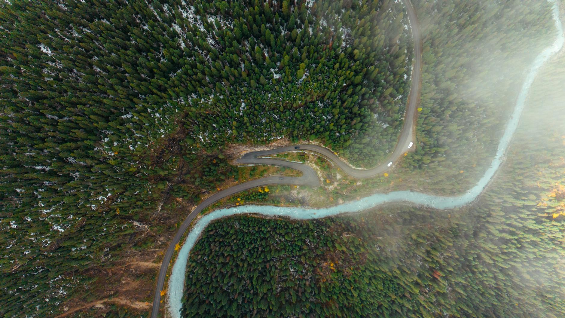 Aerial view of Canadian mountains and lakes