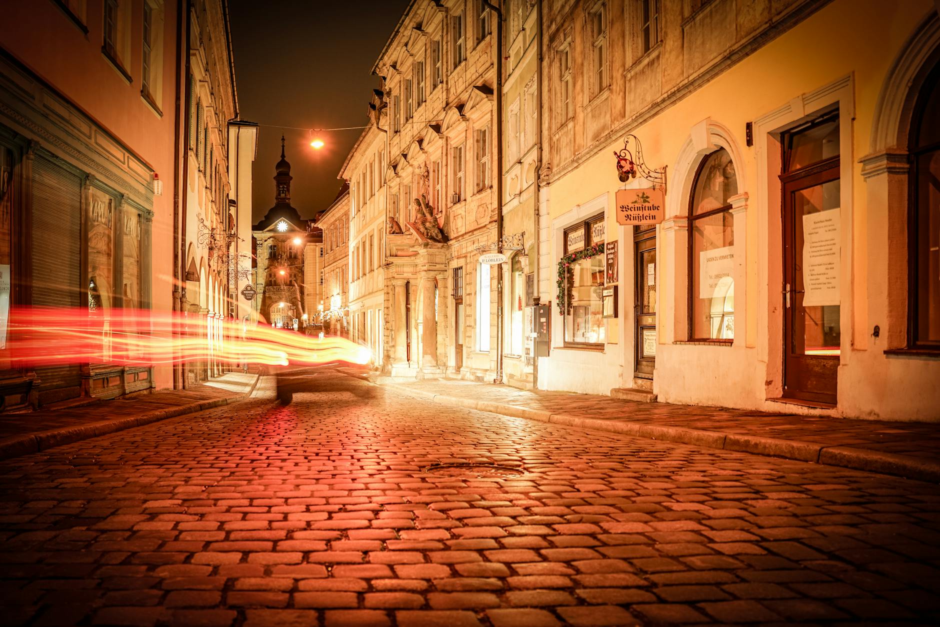 Cobblestone street in historic Gastown at night