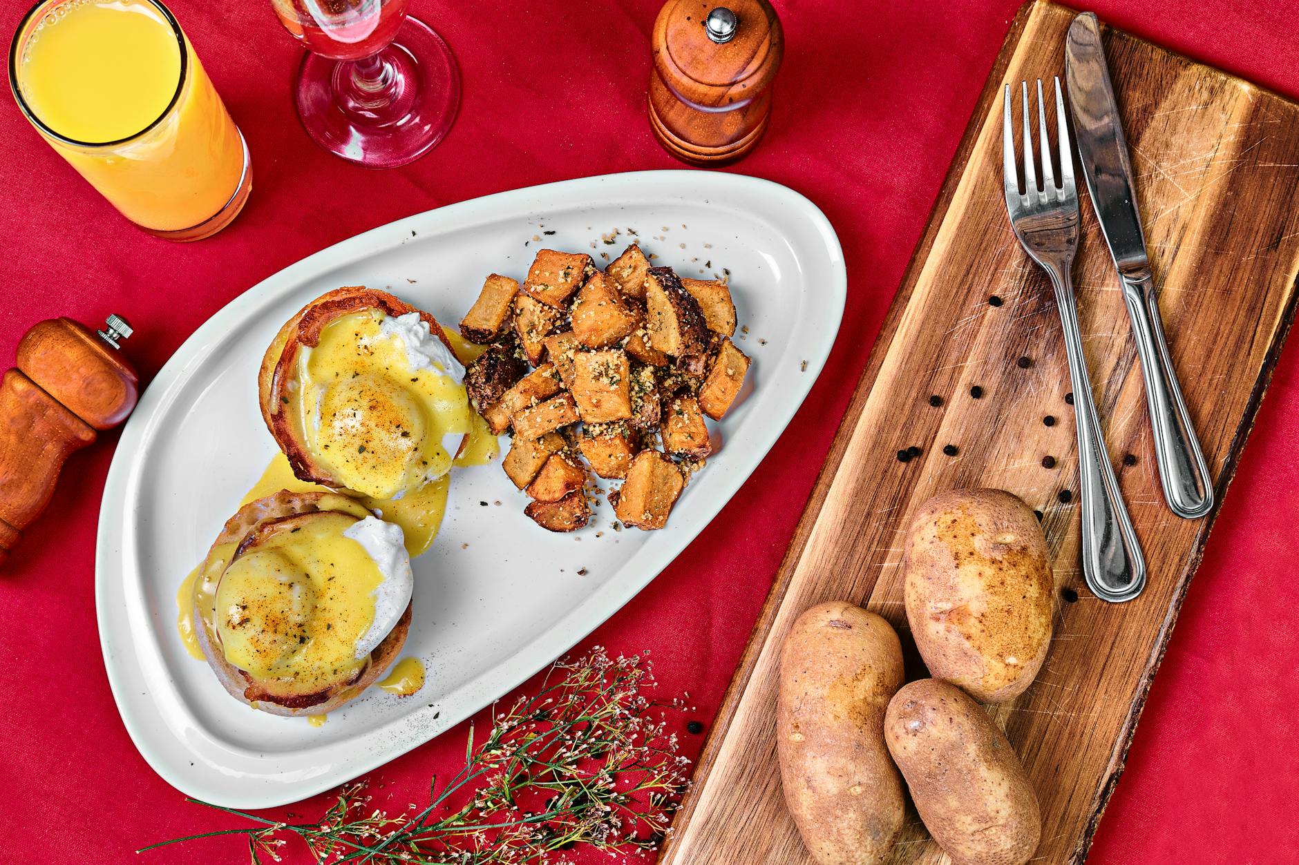Eggs benedict brunch plate with coffee