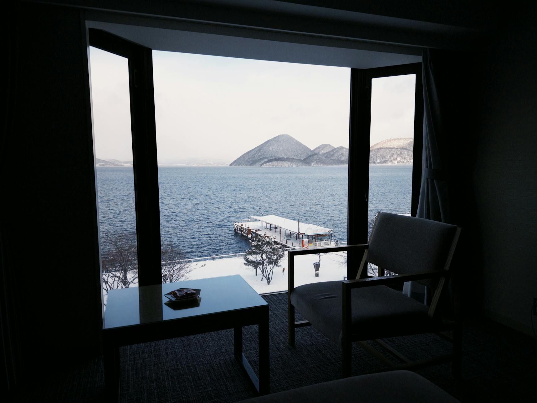 Cozy hotel room with winter window view