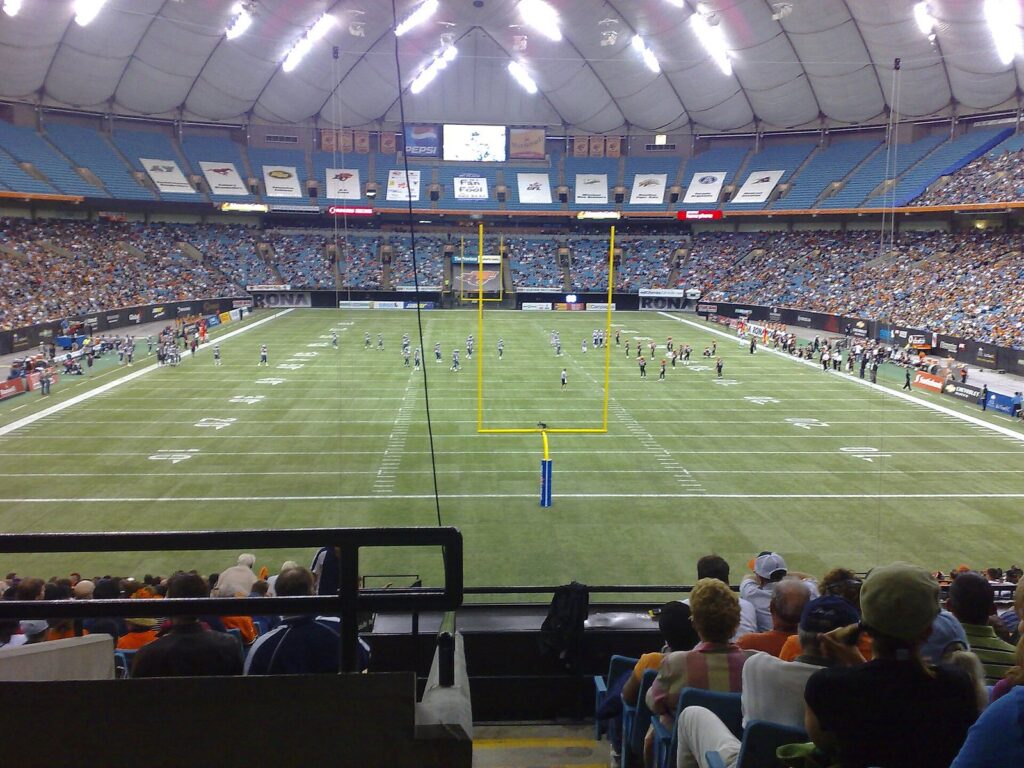 BC Lions football game under the old white air-supported dome of BC Place