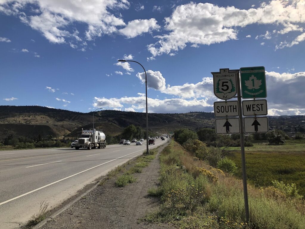 Highway 5 signs for the South Yellowhead near the Trans-Canada at Kamloops