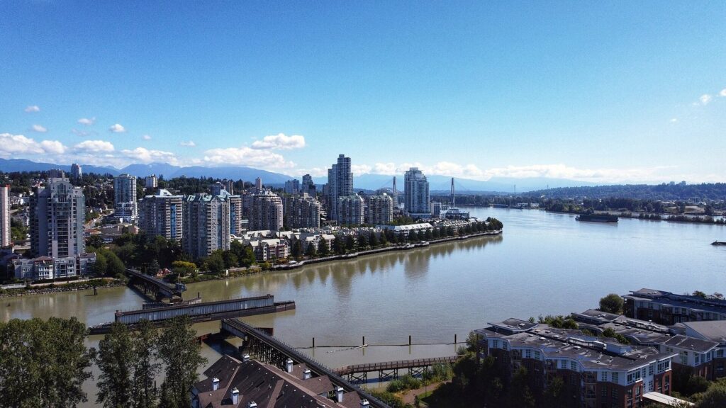New Westminster's riverfront Quay and downtown towers along the Fraser River