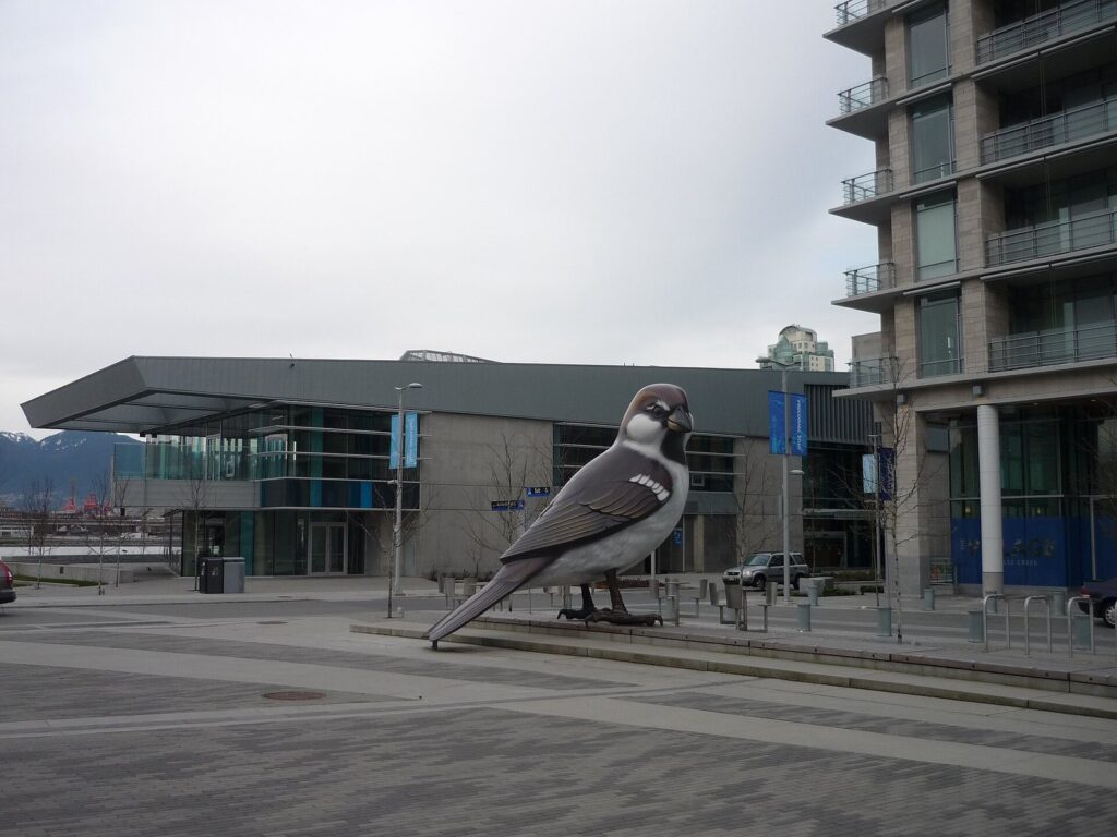 Giant sparrow sculpture standing in the public square of the Olympic Village in Vancouver