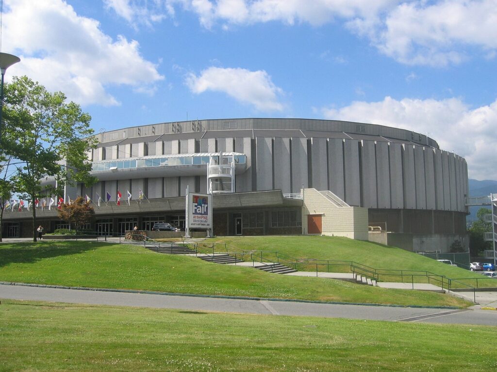 Round exterior of the Pacific Coliseum on the PNE grounds at Hastings Park