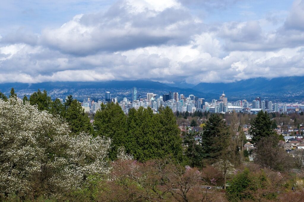 Downtown Vancouver skyline and North Shore mountains seen over trees from Queen Elizabeth Park