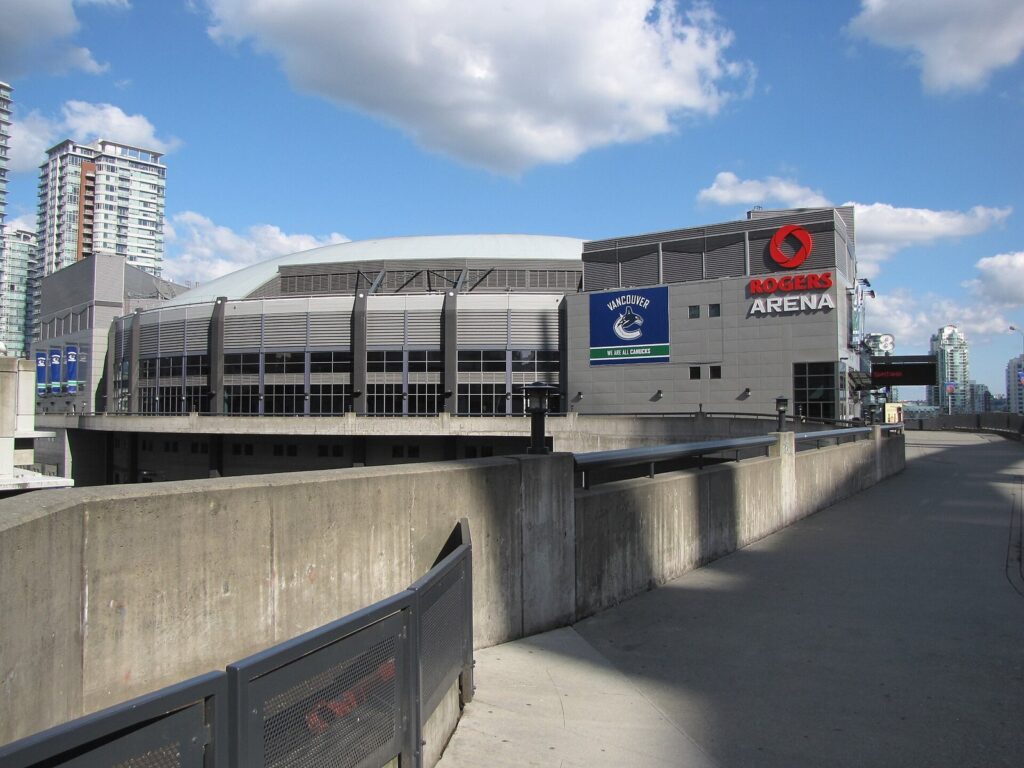 Rogers Arena exterior with its red sign, a short walk from the sports bars Vancouver fans fill on game nights