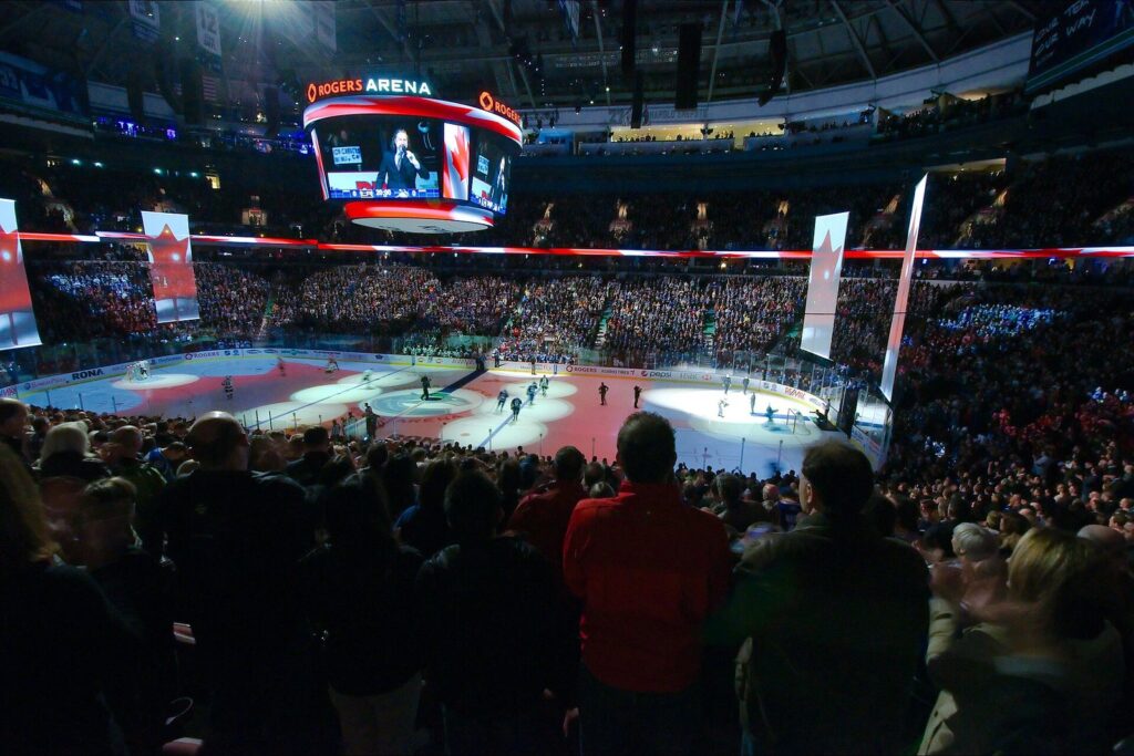 Rogers Arena crowd watching the pre-game light show before Canucks game tickets holders take their seats