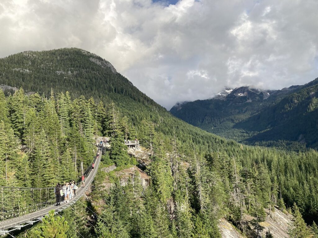 Sky Pilot Suspension Bridge at the Sea to Sky Gondola summit with forested peaks around it