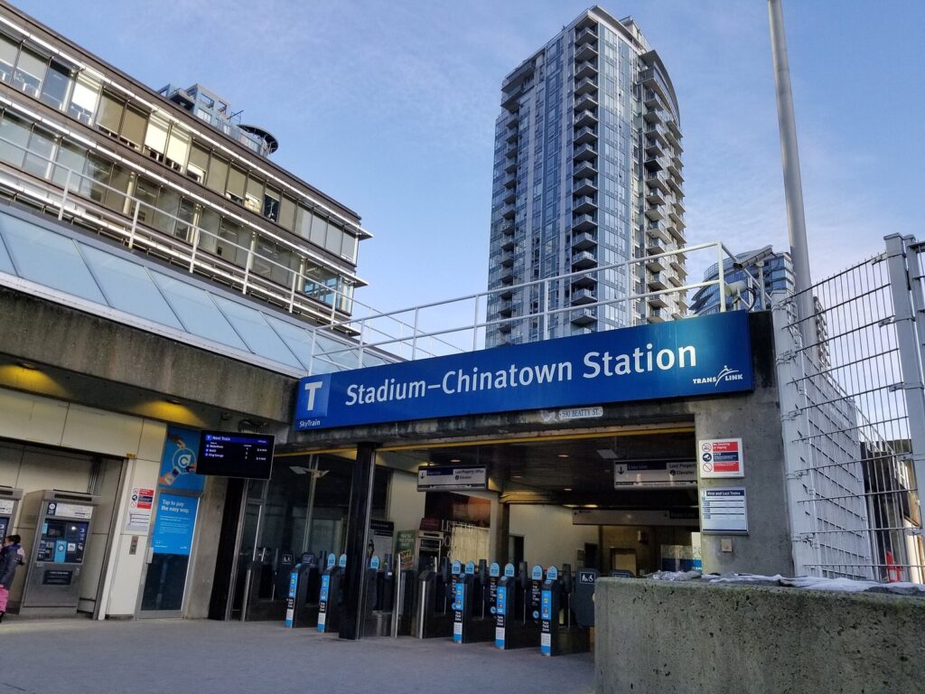 Stadium-Chinatown SkyTrain station entrance on Beatty Street with fare gates