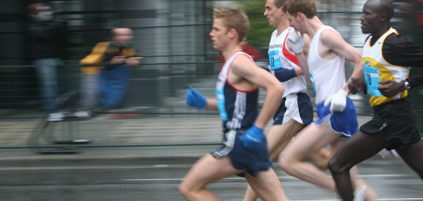 Lead runners striding through downtown Vancouver during the Vancouver Sun Run